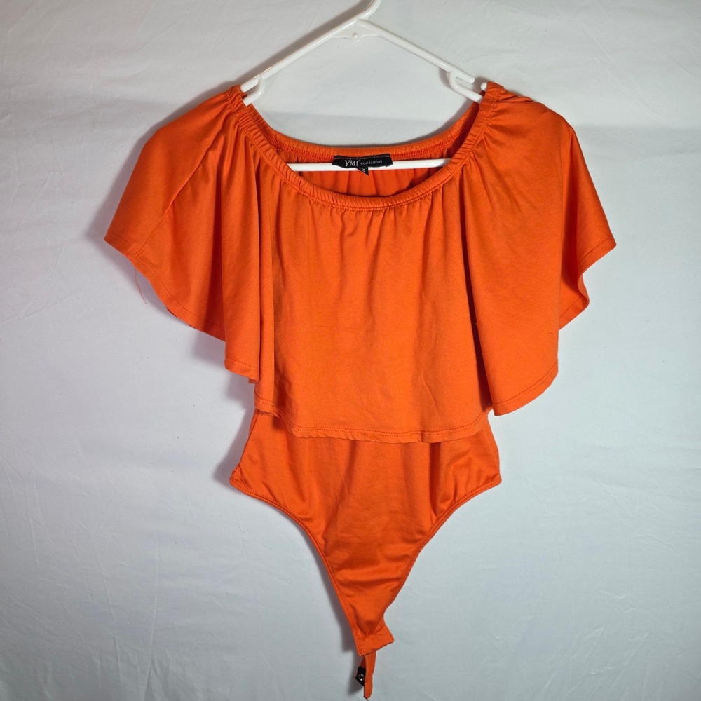 YMI Collections Womens Orange Ruffle Off The Shoulder Thong Bodysuit Small